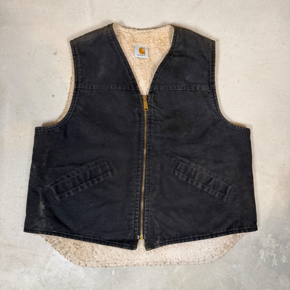 vintage 90s Carhartt Men Faded Black Duck Canvas Sherpa Lined Work Vest size xl